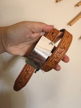 Vintage Tooled Leather Belt with Silver Plate Buckle - Tan